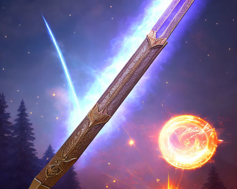 Mystical sword with ornate hilt glowing blue in night sky with stars and orange portal