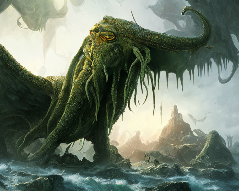 Gigantic tentacled sea monster emerging in misty landscape