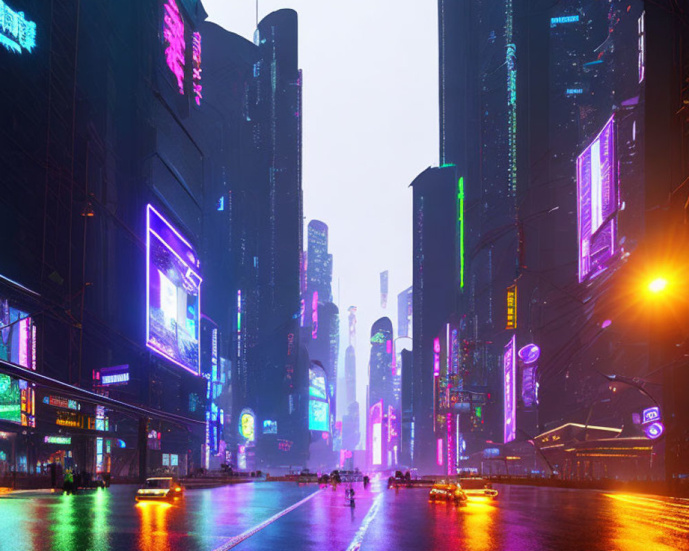 Vibrant neon-lit cityscape with wet streets at night