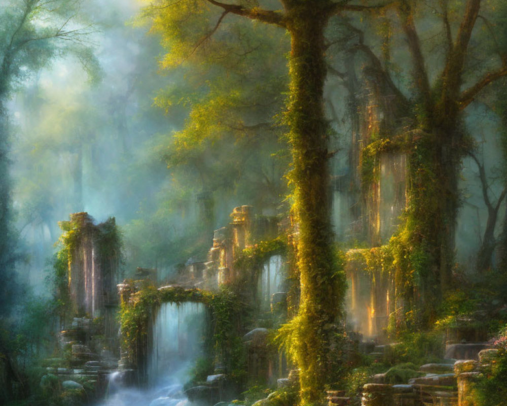 Enchanted Forest with Stone Bridge, Ruins, and Hanging Moss