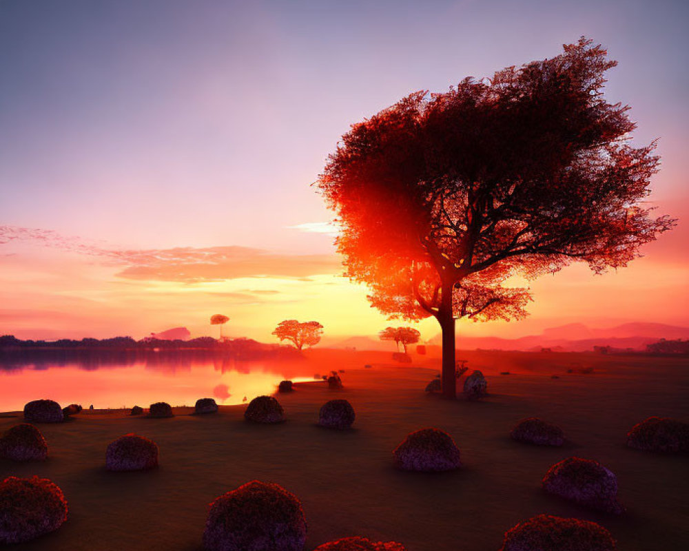 Tranquil sunset scene with solitary tree, radiant sky, rounded bushes, and tranquil lake