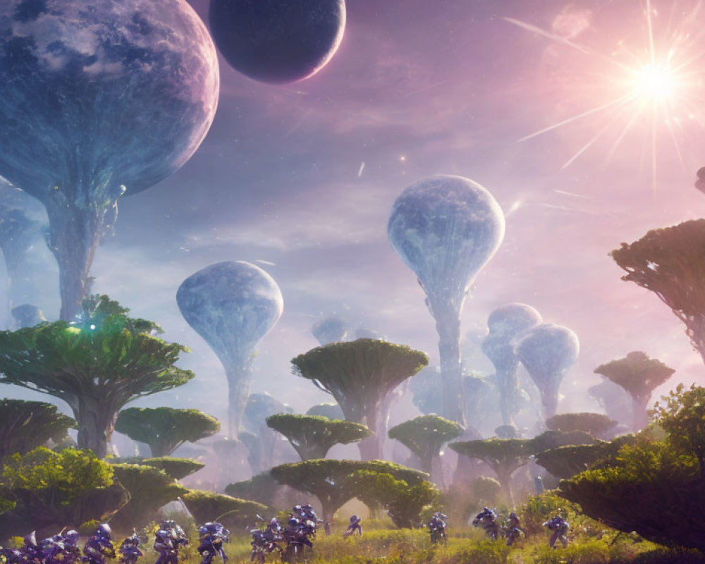 Fantastical landscape with tree-like structures, armored figures, moons, and bright star.