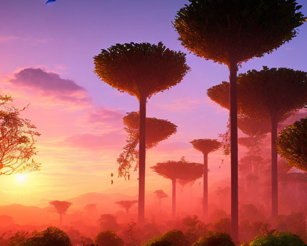 Colorful sunset landscape with unique trees and floating islands