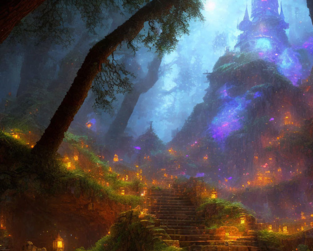 Enchanting forest with illuminated stairs to misty castle