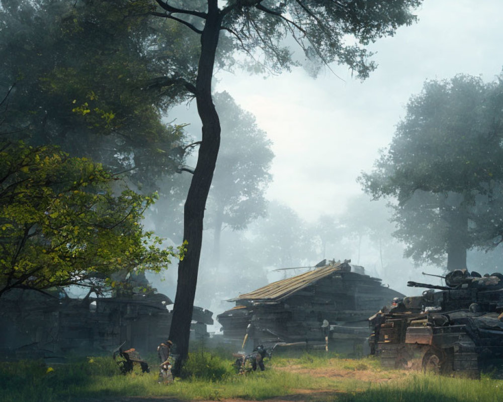 Sunlit forest with ancient ruins, lone tree, and people exploring tranquil scene