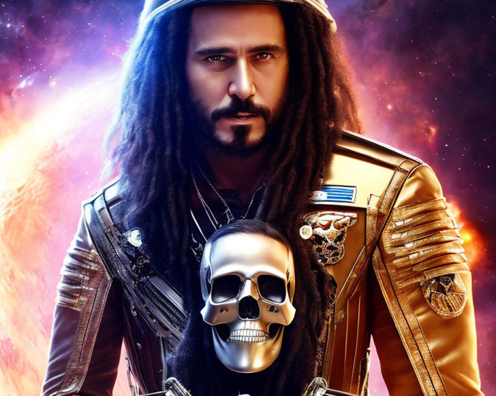 Person with dreadlocks in futuristic space helmet and golden armor holding a skull in cosmic setting