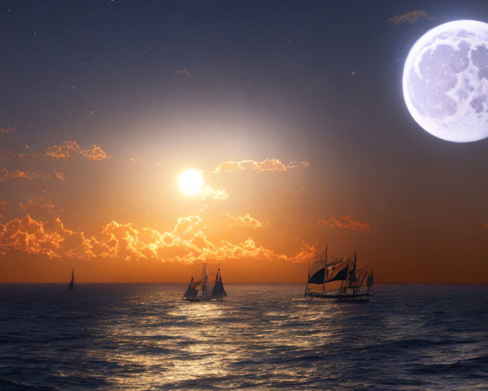 Sailboats on Calm Sea at Dusk with Moon and Sun Glow