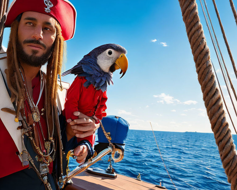 Person in pirate costume with parrot on boat by the sea