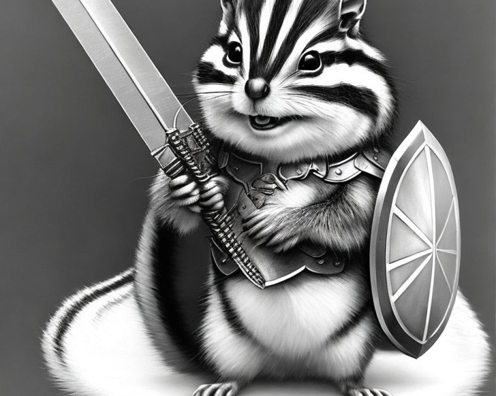 Chipmunk Knight in Monochromatic Illustration: Medieval attire with sword and shield.