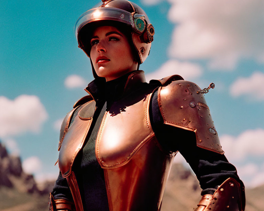 Futuristic armored person with helmet in mountain landscape