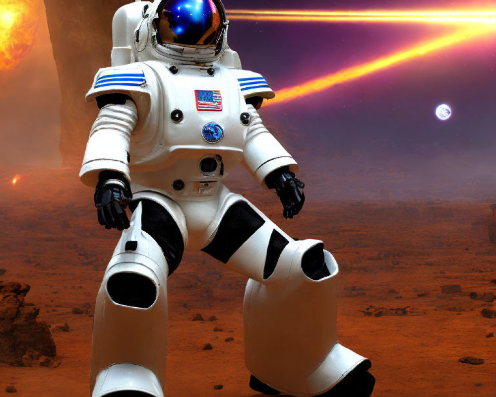 Astronaut in white space suit on rocky alien planet with comet in orange sky