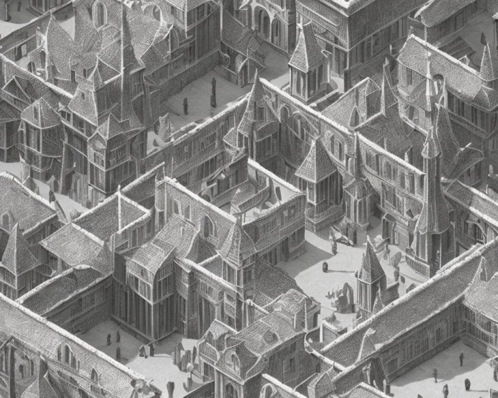 Detailed Monochrome Illustration of Complex Architectural Maze