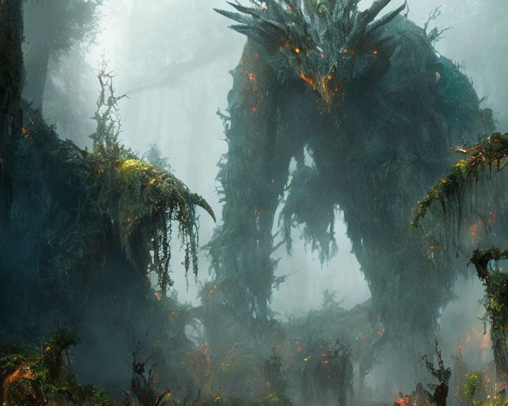 Giant forest creature with glowing eyes and antlers in misty woodland