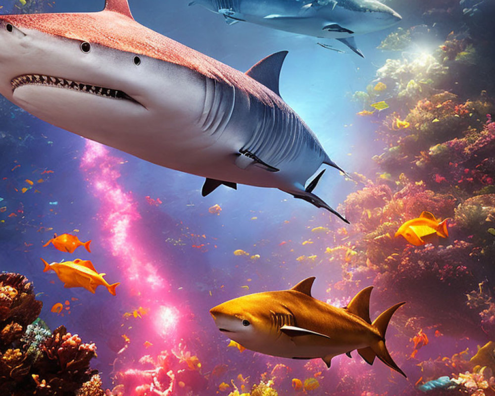 Vibrant Underwater Scene: Sharks, Colorful Fish, and Coral Reefs