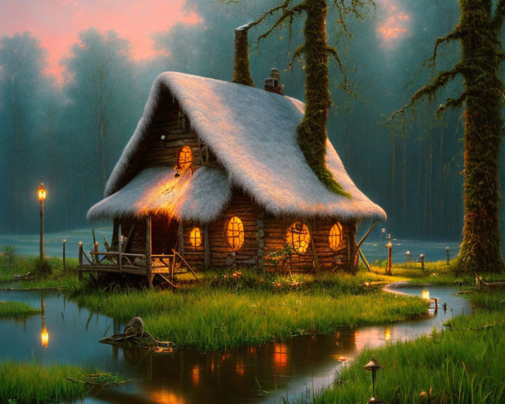 Enchanting Thatched Cottage in Serene Forest Clearing at Twilight