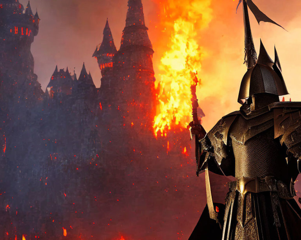 Dark-armored knight in front of fiery castle landscape.