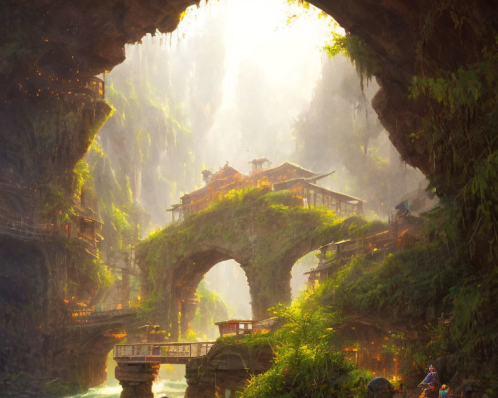 Mystical landscape with ancient bridge and traditional buildings in warm sunlight