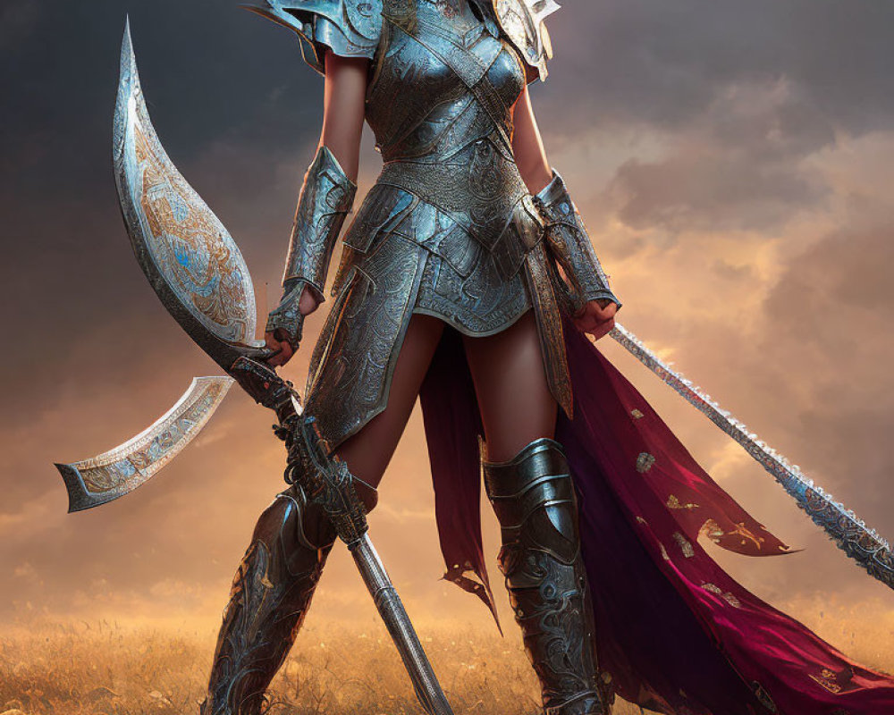 Fantasy woman in elaborate armor with large axe in dramatic setting