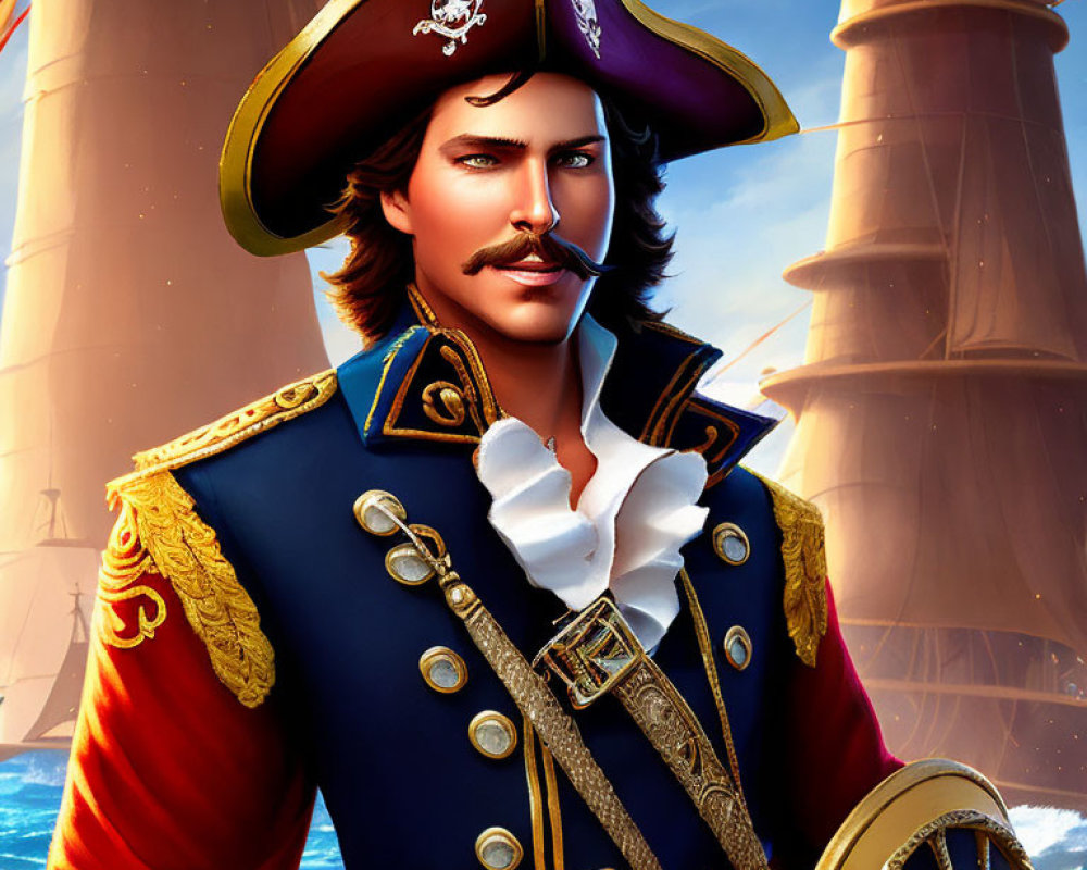 Illustration of male pirate with mustache in red and blue captain's attire.