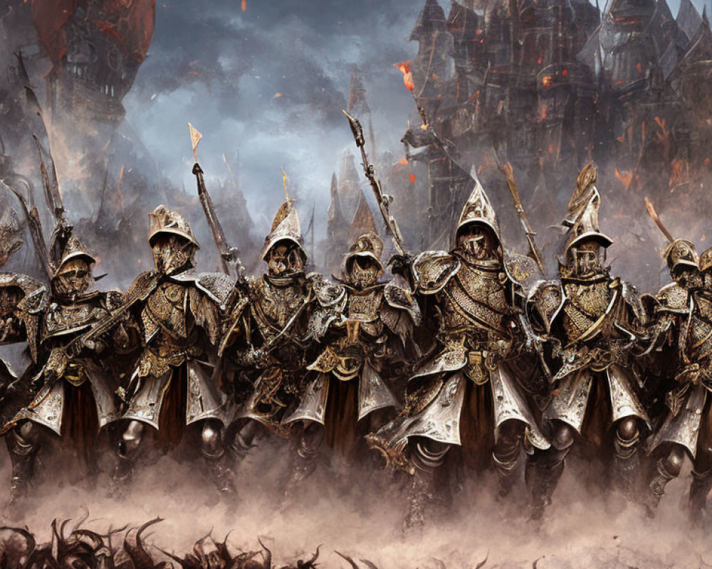 Armored medieval knights on smoky battlefield with looming towers