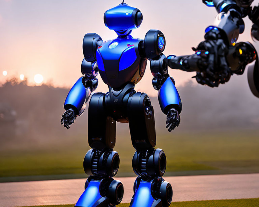 Blue and Black Robot Standing on Grass with Sunrise or Sunset Background