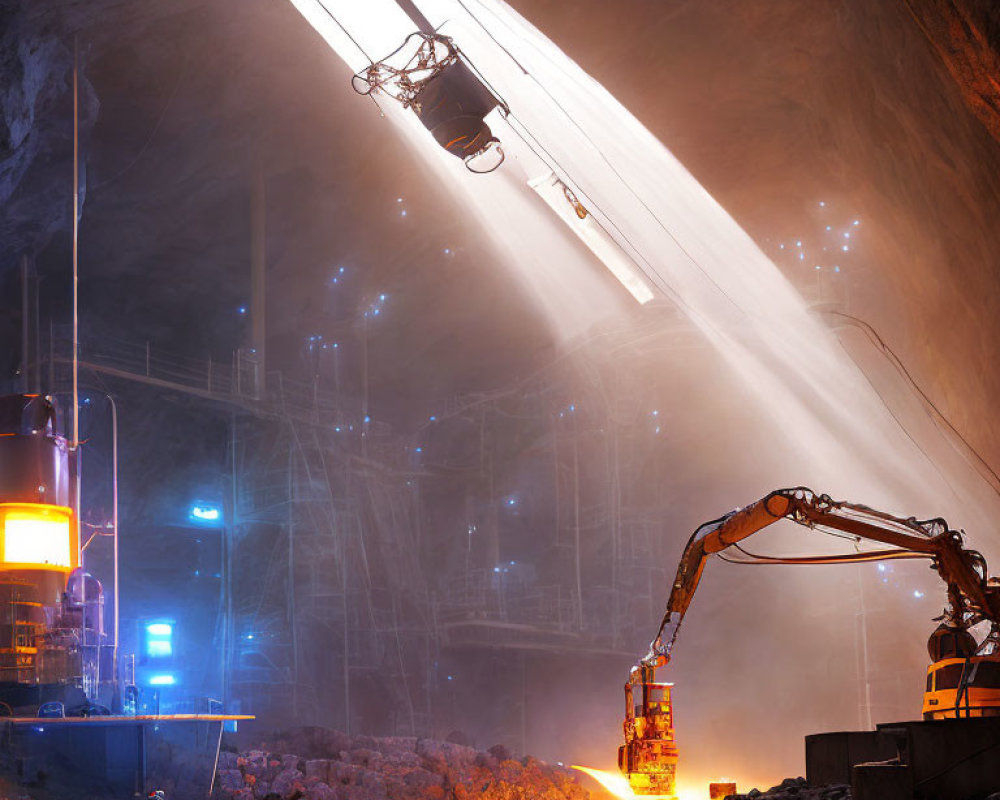 Industrial underground mining operation with heavy machinery and workers in cavernous space