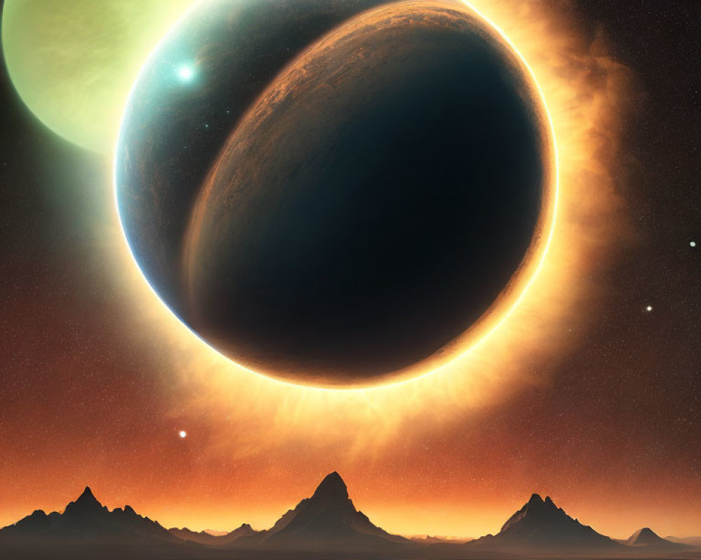 Sci-Fi Landscape with Solar Eclipse, Planets, and Fiery Corona