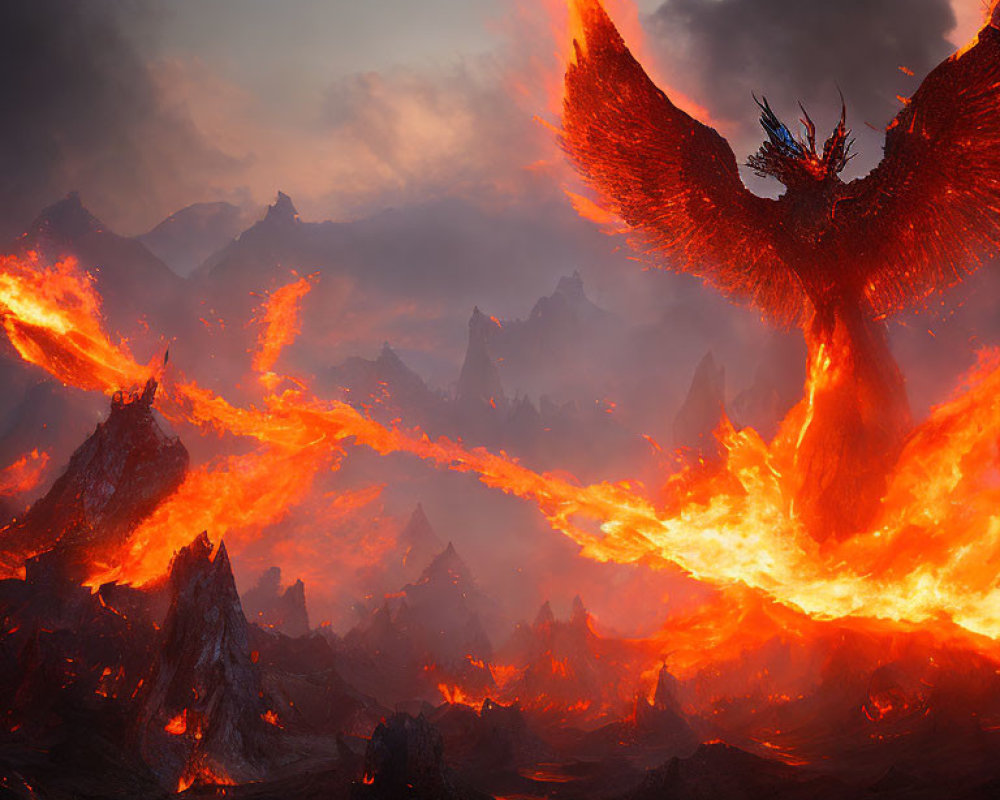 Fiery landscape with molten lava, jagged rocks, and imposing dragon.