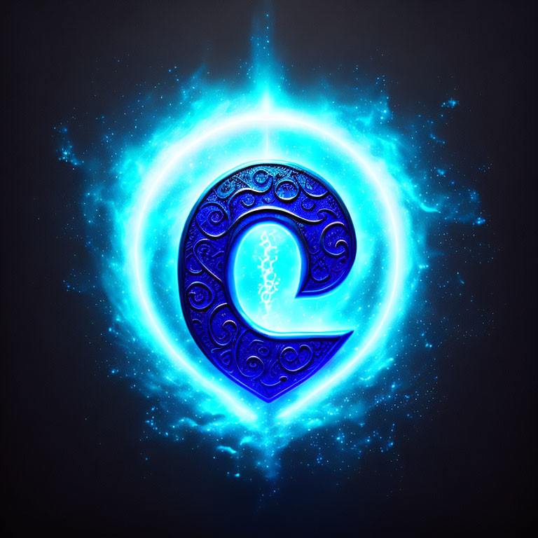 Intricate glowing blue neon letter 'Q' on dark background