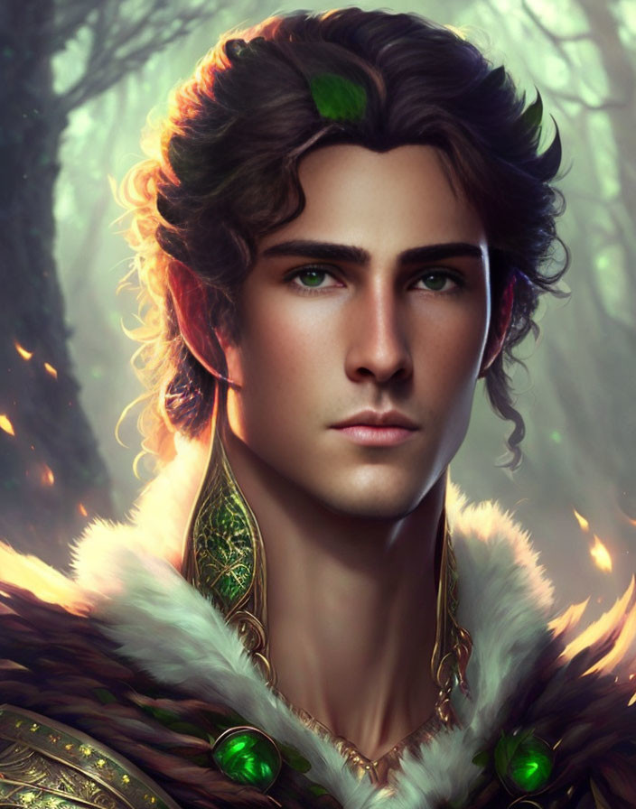 Male elf portrait with sharp features and leaf circlet in enchanted forest.