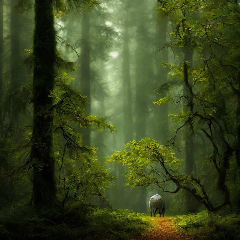 Tranquil forest path with lush greenery and sunlight filtering through mist.