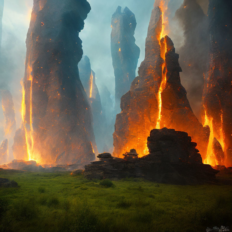 Volcanic rock formations with lava streams in misty landscape at dusk or dawn