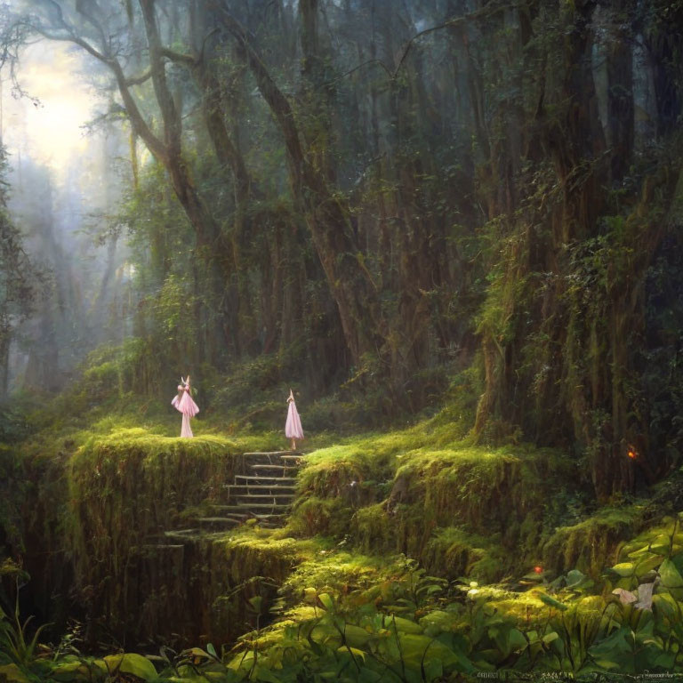 Mystical forest scene with two figures in robes