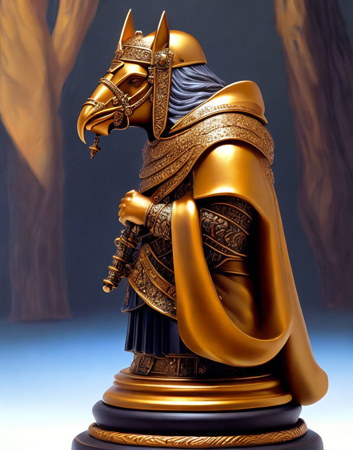 Knight statue in golden armor with sword, horse-head helmet, fiery backdrop