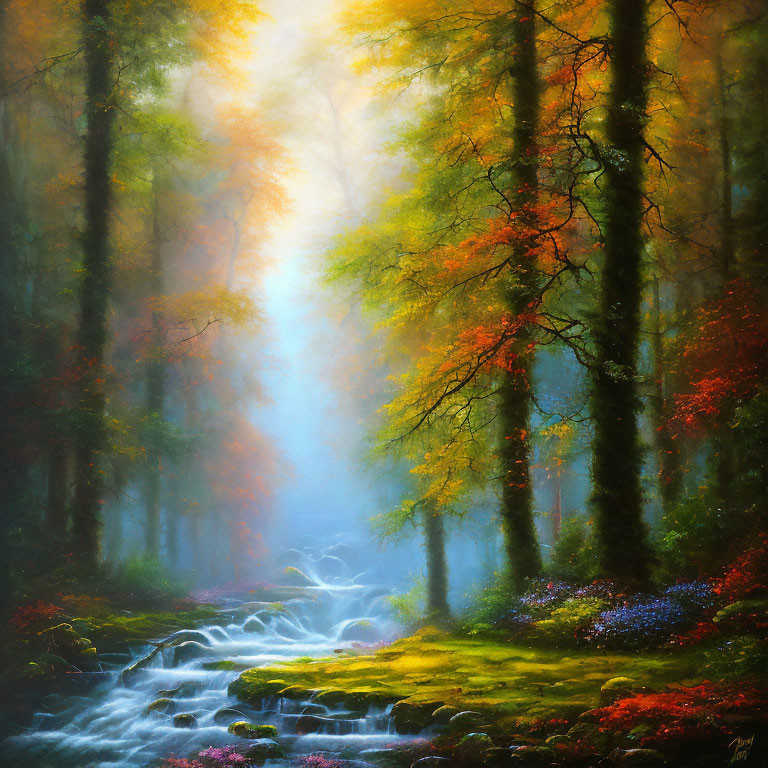 Colorful painting of mystical forest with stream and sunlight filtering through foliage