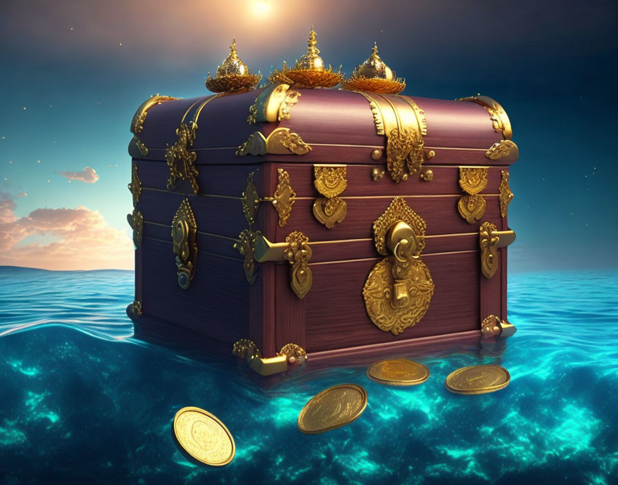 Ornate treasure chest on calm ocean at sunset with scattered gold coins