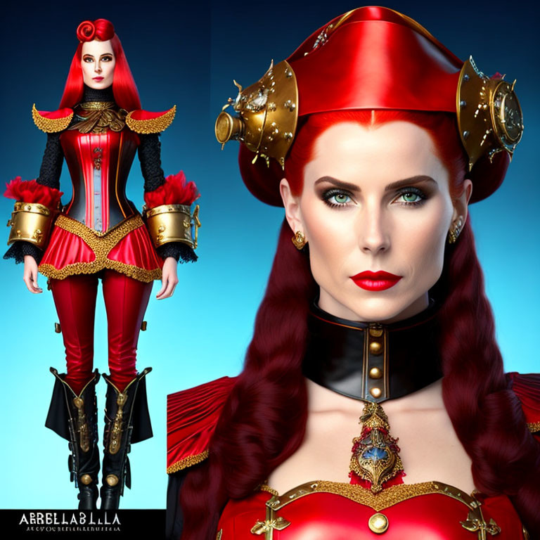 Stylized woman in red & black military uniform with golden armor & roses.