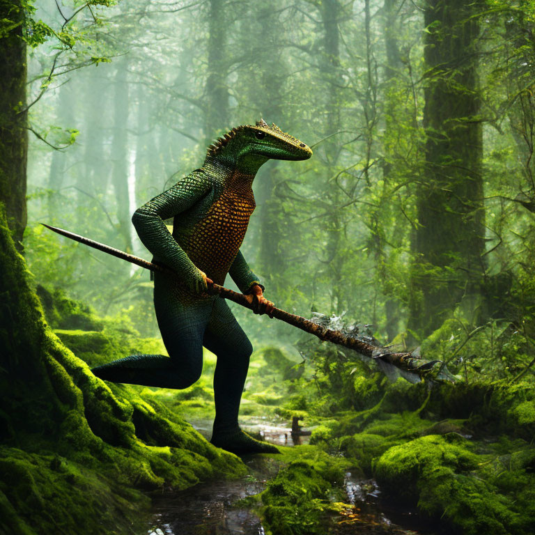 Anthropomorphic lizard warrior in misty, moss-covered forest with spear.