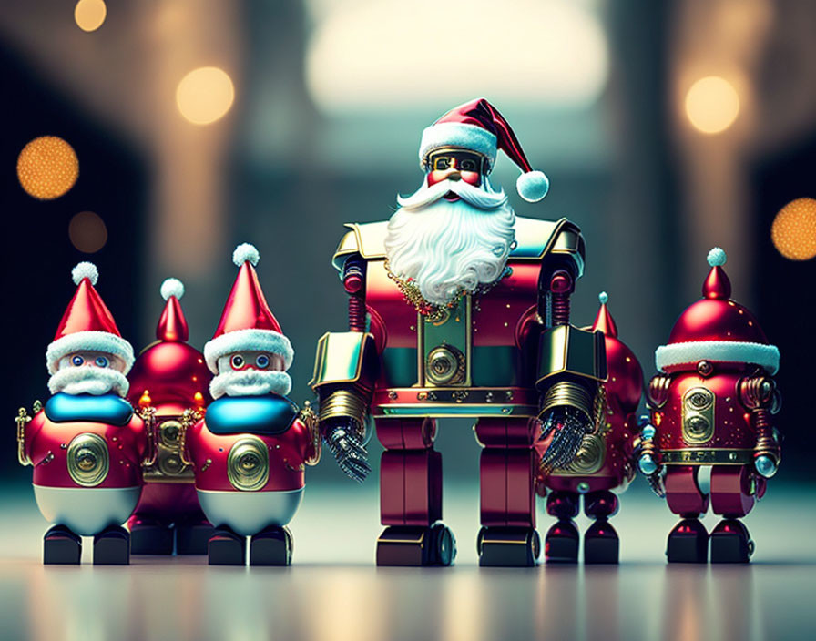 Festive Santa Claus robot figurines in different sizes with soft glowing backdrop