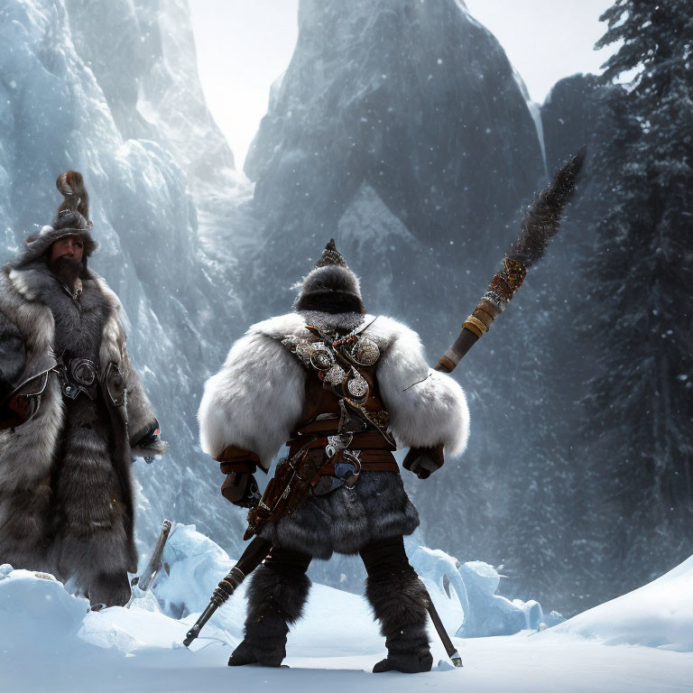 Armored warriors in fur cloaks navigating snowy mountain pass.