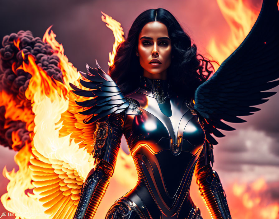 Dark-Haired Warrior in Armored Bodysuit with Wings on Fiery Background