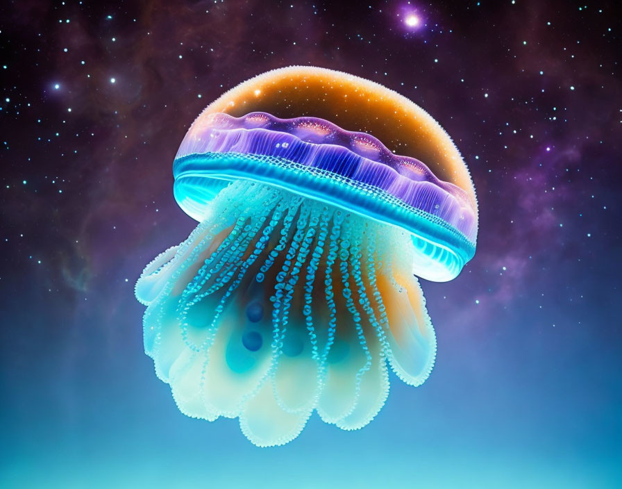 Iridescent jellyfish in blue and purple against starry background