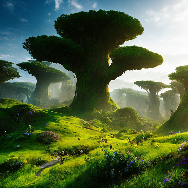 Fantastical giant trees in lush green landscape