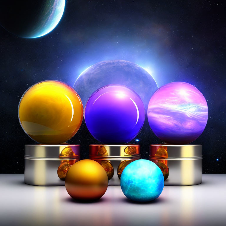 Glossy Spheres on Pedestals with Cosmic Backdrop and Celestial Elements