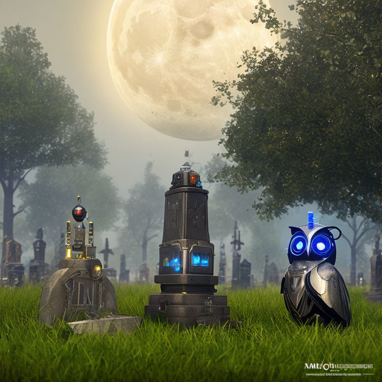 Futuristic robot family near gravestone in moonlit cemetery