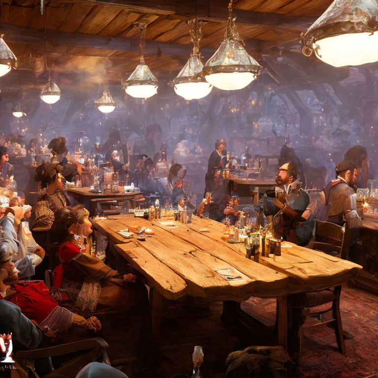 Tavern scene with patrons drinking and conversing under chandeliers