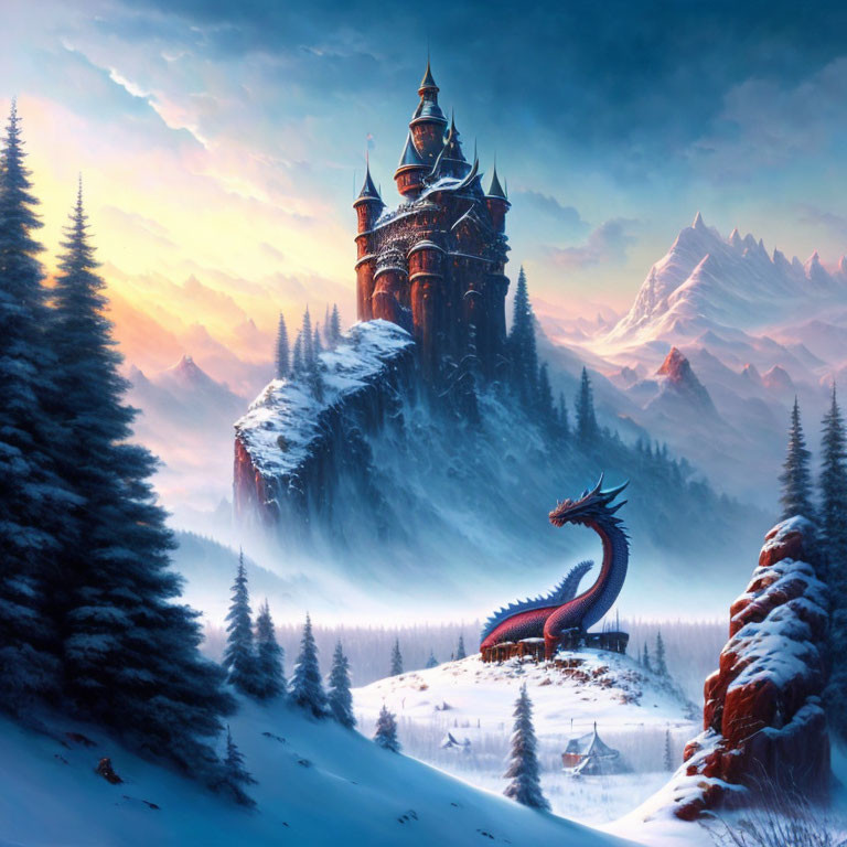 Snowy cliff fantasy castle with dragon in wintery landscape