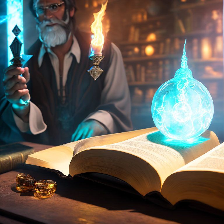 Elderly wizard casting spell in dimly lit study with glowing wand and magical tome.