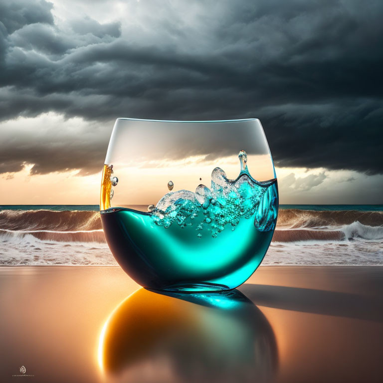 Glass bowl with stormy beachscape reflection and water splashes