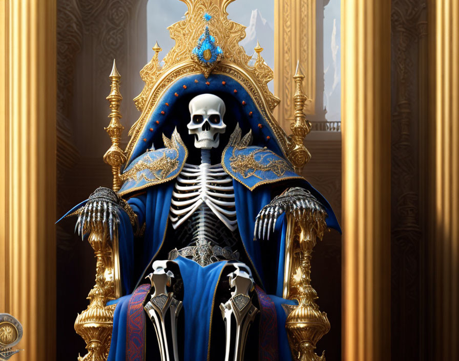 Regal skeleton on ornate throne in golden room